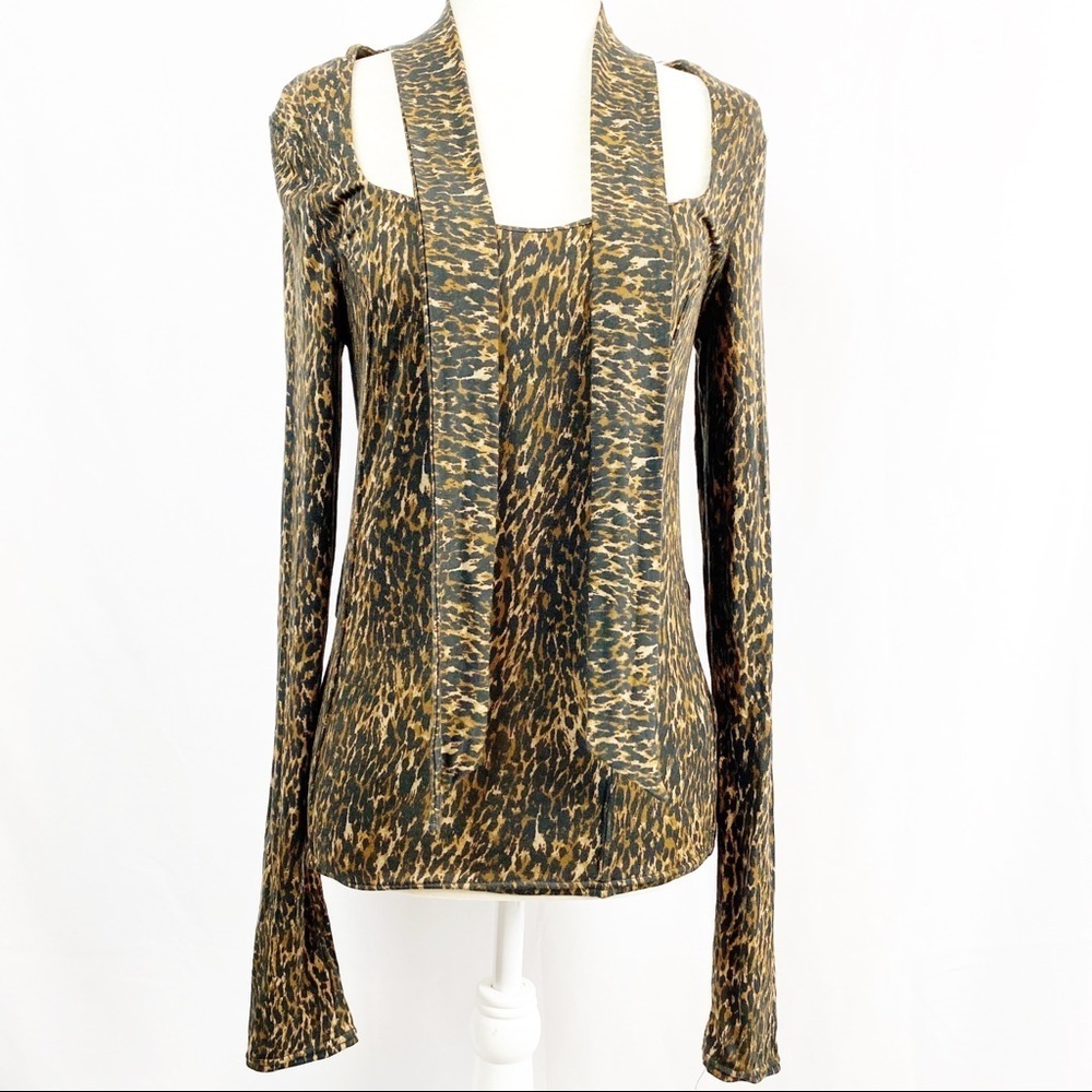 Free People Animal Print Top Shirt Scoop Tie Neck